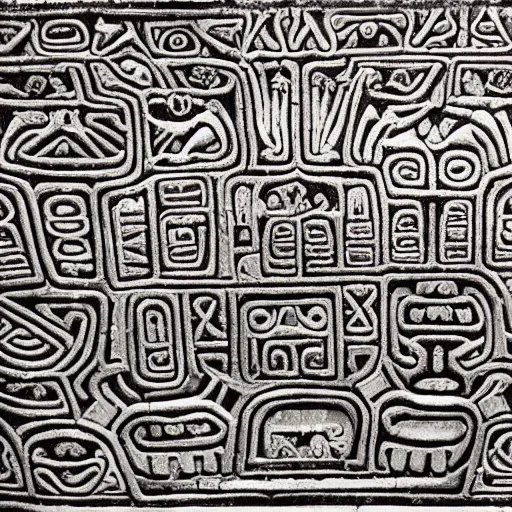 Prompt: a high detailed picture of mayan hieroglyphics showing ufos 4k