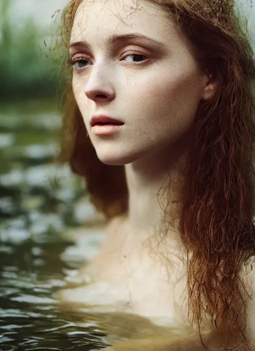 Image similar to Kodak Portra 400, 8K, soft light, volumetric lighting, highly detailed, britt marling style 3/4 ,portrait photo Close-up portrait photography of a beautiful woman how pre-Raphaelites, the face emerges from a pond surrounded by lily pads, thermal waters flowing down white travertine terraces, inspired by Ophelia paint ,and hair are intricate with highly detailed realistic beautiful flowers , Realistic, Refined, Highly Detailed, interstellar outdoor soft pastel lighting colors scheme, outdoor fine art photography, Hyper realistic, photo realistic