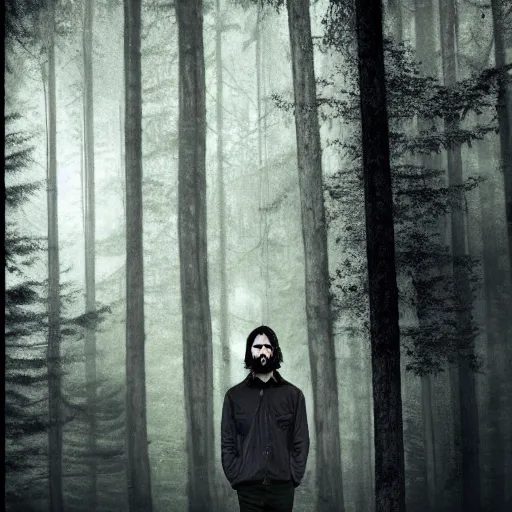 Prompt: a long, dark haired man, 2 8 years old, five o'clock shadow casually dressed, cinematic, gloomy forest background, realistic, digital art, character art, 8 k