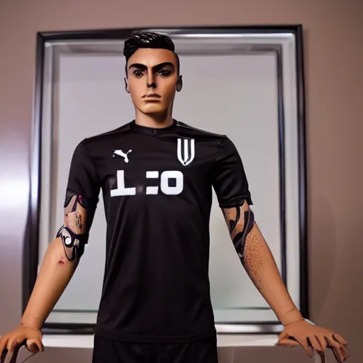 Prompt: a realistic detailed photo of a guy who is an attractive humanoid who is half robot and half humanoid, who is a male android, soccer player paulo dybala, shiny skin, posing like a statue, blank stare, in a living room, on display, showing off his muscles, with a twin