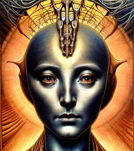 Image similar to detailed realistic beautiful young cher alien robot as queen of mars face portrait by jean delville, gustave dore and marco mazzoni, art nouveau, symbolist, visionary, baroque, concept. horizontal symmetry by zdzisław beksinski, iris van herpen, raymond swanland and alphonse mucha. highly detailed, hyper - real, beautiful