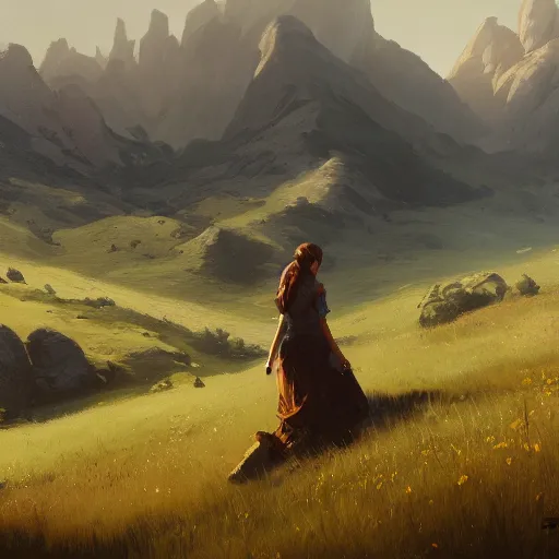 Prompt: summer meadow, hills, landscape, concept art, style of Greg Rutkowski,