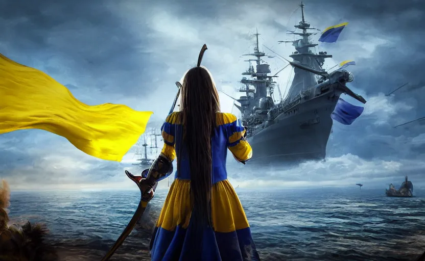 Prompt: view from behind of a girl in national clothes with blue and yellow stripes in her beautiful hair and a huge realistic sword in her hands standing against and facing a huge realistic detailed Russian warship on the horizon, and she is ready to fight, Ukrainian flag on the left side, concept art, сinematic lighting, insanely detailed, smooth, sharp focus, Artstation, 8k, unreal engine, hyper realistic, steampunk style, bright background, moonlight, volumetric lighting, digital illustration by Ruan Jia and Mandy Jurgens and Artgerm and Wayne Barlowe and Greg Rutkowski and Zdislav Beksinski