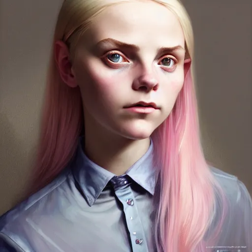 Image similar to portrait of a scottish teenage girl with pinkish blonde hair, glowing skin, awkward, nerdy, matilda lawler, dafne keen, fantasy, intricate, elegant, dress shirt, highly detailed, digital painting, artstation, concept art, smooth, sharp focus, illustration, art by Krenz Cushart and Artem Demura and alphonse mucha