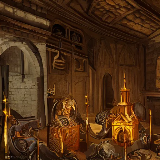 Image similar to medieval chamber with closeup of king, royalty, courtisans, monks, artstation, fantasy, high details, digital art