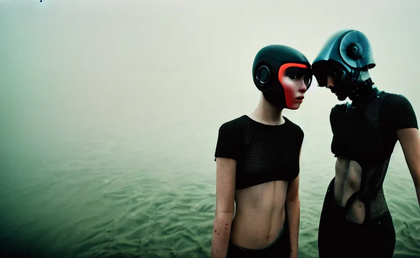 Image similar to cinestill 5 0 d candid photographic portrait by helen levitt of two loving female androids wearing rugged black mesh techwear in treacherous waters, extreme closeup, modern cyberpunk moody emotional cinematic, dust storm, 8 k, hd, high resolution, 3 5 mm, f / 3 2, ultra realistic faces, ex machina