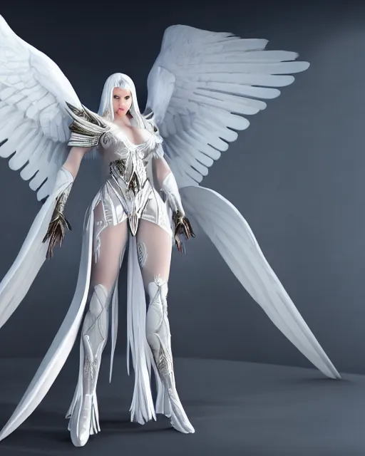 Image similar to perfect white haired attractive egyptian goddess with huge white dove wings, warframe armor, beautiful, symmetric, charlize theron, half asian, pretty face, blue eyes, detailed, scifi platform, laboratory, experiment, 4 k, ultra realistic, epic lighting, android body, illuminated, cinematic, masterpiece, art by akihito tsukushi, voidstar