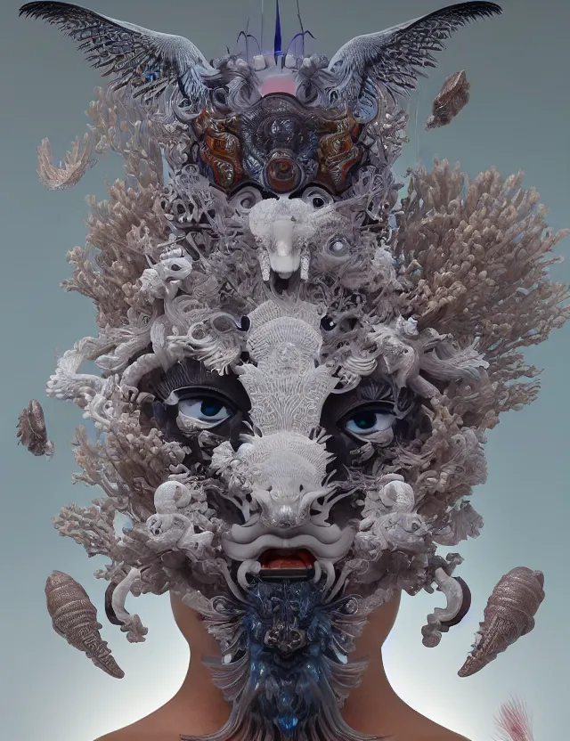 Image similar to 3 d goddess close - up frontal portrait with ram skull. beautiful intricately detailed japanese crow kitsune mask and clasical japanese kimono. betta fish, jellyfish phoenix, bio luminescent, plasma, ice, water, wind, creature, artwork by tooth wu and wlop and beeple and greg rutkowski