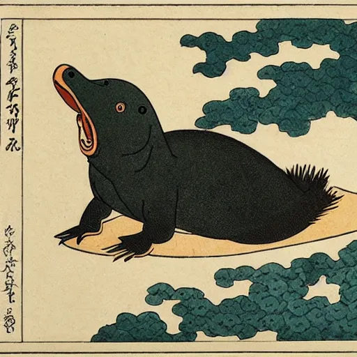 Prompt: animated platypus laughing and holding phone, Hokusai