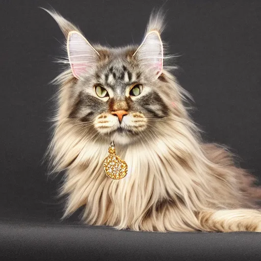 Image similar to A Maine Coon Cat wearing a golden necklace with diamonds