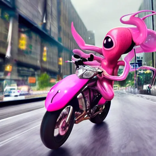 Image similar to hyper realistic, photo, humanoid pink female Squid girl, popping motorcycle wheelie on fast in the rainy city traffic