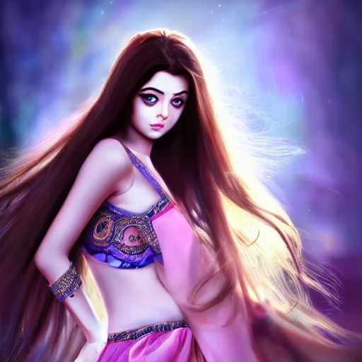 Image similar to beautiful anime cute teen girl resembling Aishwarya Rai, Indian natural beauty expressive pose, art by mark brooks, but as a real life photograph, HDR photorealism, cinematic lighting, 8k ultra high definition