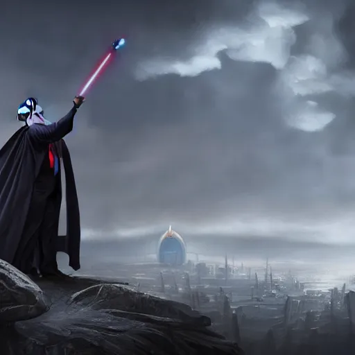 Prompt: a matte painting of Donald Trump as a jedi hero, marvel cinematic universe concept art, good value control, concept art, digital painting, sharp focus, symmetrical, 4k, illustration, rule of thirds, sci-fi, elden ring, centered, moody colors, moody lighting, atmospheric