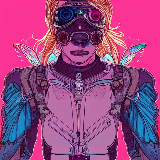 Image similar to Portrait of a cyberpunk fairy wearing cyberpunk clothes, fairy wings, retrowave, trending on artstation, very detailed, realistic, by Moebius, Laurie Greasley, Alphonse Mucha