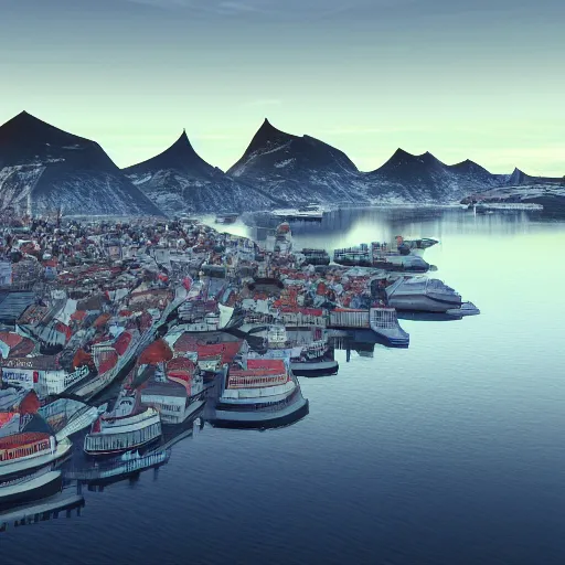 Image similar to low - poly render of the city bodø in norway