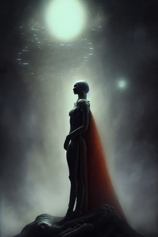 Prompt: an extremely detailed masterpiece painting of a beautiful nordic extraterrestrial female with out of focus spaceship technology in background, in the style of tom bagshaw, digital art, epic scene, extremely moody lighting, glowing light and shadow, atmospheric, shadowy