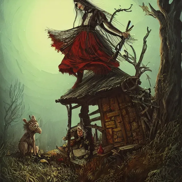 Image similar to баба яга, baba yaga, slavic folk fairytale, story, fable, dramatic, fantasy art, an ultrafine detailed painting, colorized, elegant, sharp focus, artstation, by pavel korin, viktor vasnetsov