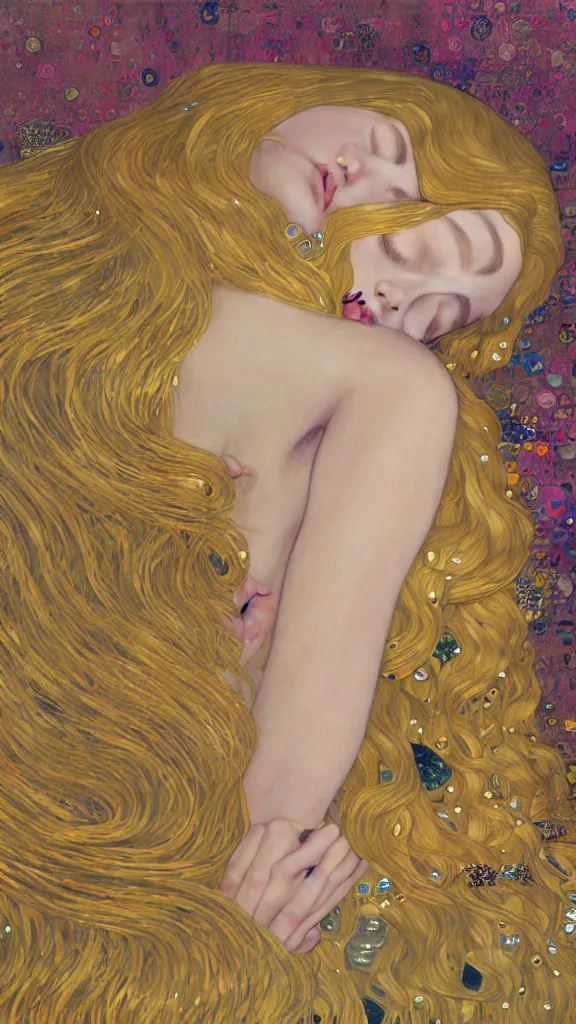 Image similar to a soft and breathtaking detailed painting of a full body sleeping blonde princess in the style of Gustav Klimt, blonde hair, shiny gold, elegant, highly detailed, artstation, fluo colors, concept art, matte, sharp focus, art by Gustav Klimt