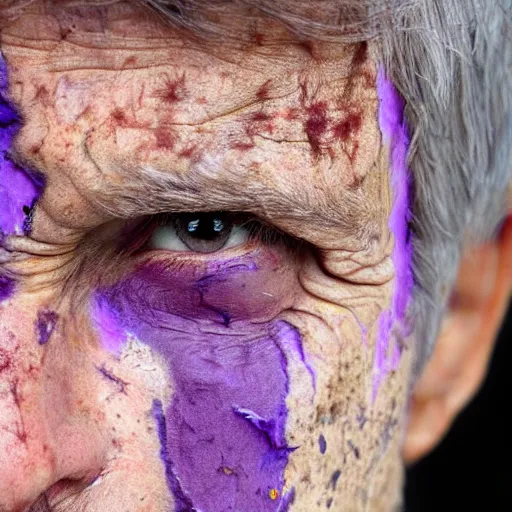 Prompt: real photograph of old face with purple scars, hd