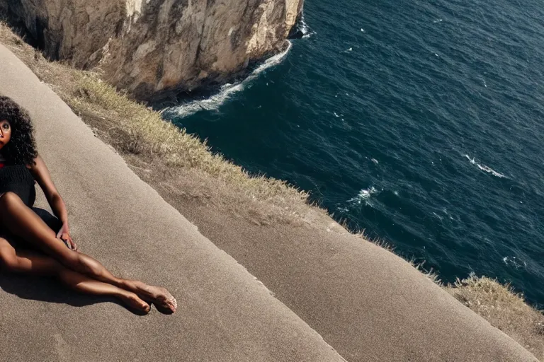 Prompt: photo of a gorgeous black model lounging on a Tesla on a cliff on the ocean By Emmanuel Lubezki