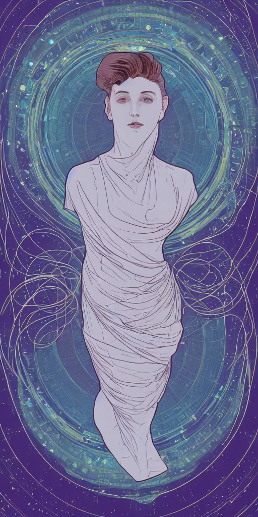 Prompt: a portrait of a galaxy as an androgynous spirit, draped in transparent cloth, flat colors, minimal, swirly, bust by alphonse mucha, decorative art deco border, astrophotography, vast cosmos, digital illustration overlayed on photography, trending on artstation
