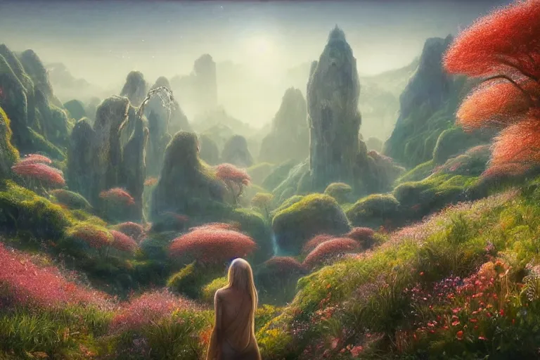 Prompt: Brutalist Shiro in Eden at Dawn amazing cinematic concept painting, by Jessica Rossier , Gleaming White, overlooking a valley, Himeji Rivendell Garden of Eden, autumn maples, wildflowers and grasses, terraced orchards and ponds, lush fertile fecund, fruit trees, by Brian Froud by Beksinski