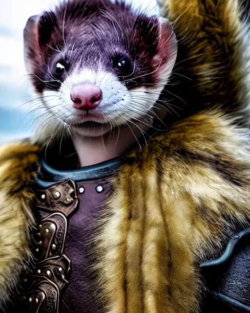 Image similar to ferret warrior, furry, fantasy, viking, high detailed, photography, cloudy, lightweight leather armour, scandinavia, plain, detailed face, look into the distance, serious face, full body, in helmet, in full growth, professional photographer, masterpiece, 5 0 mm, extremely detailed, digital art 8 k