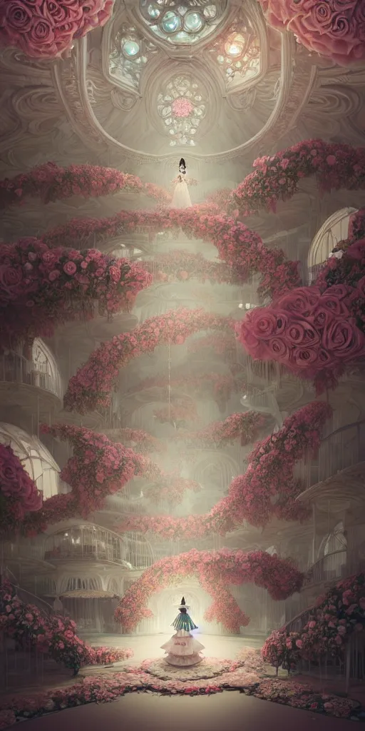 Image similar to the beautiful hyperdetailed physical rendering of a single rose wedding gothic lolita dress clothing design display in exhibition hall, perfectly shaded, atmospheric lighting, in the style of makoto shinkai victo ngai and peter mohrbacher studio ghibli artgerm karol bak beeple, surrealistic style, 8 k hd, 3 drender