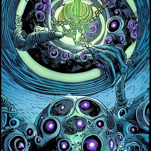 Prompt: Azathoth looking inward towards the Multiverse inside itself. DC Comics. Grant Morrison.