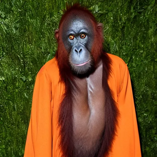 Prompt: A photo of an orangutan attending the Met Gala in a navy designer robe, hyperdetailed, photorealistic, high fashion