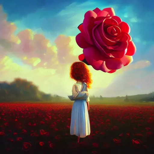 Image similar to closeup, giant rose flower as a head, portrait, girl in a suit, surreal photography, sunrise, blue sky, dramatic light, impressionist painting, digital painting, artstation, simon stalenhag