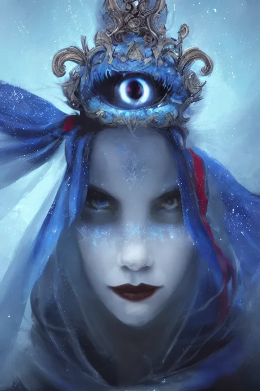 Prompt: frozen jester clown mage wizard, eyes glowing blue, heavenly stars in the background, is at dawn and bluish, fantasy, intricate, elegant, digital painting, highly detailed, artstation, sharp focus, illustration, concept art, ruan jia, steve mccurry