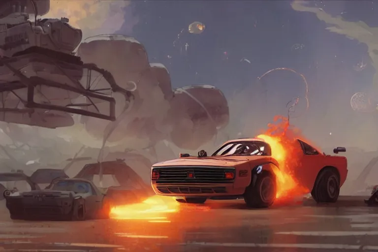 Image similar to 2 0 0 1 space odyssy diesepunk autozam az - 1 mad max speeding through a burning fuel depot chase chain gun by greg rutkowski makoto shinkai takashi takeuchi studio ghibli, akihiko yoshida