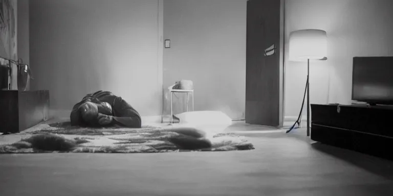 Image similar to photorealistic Cinematography of a man crying on the floor at night in a mid century modern apartment shot on film at magic hour in a room filled with volumetric haze by the shining Cinematographer john alcott on a cooke panchro 18mm lens .