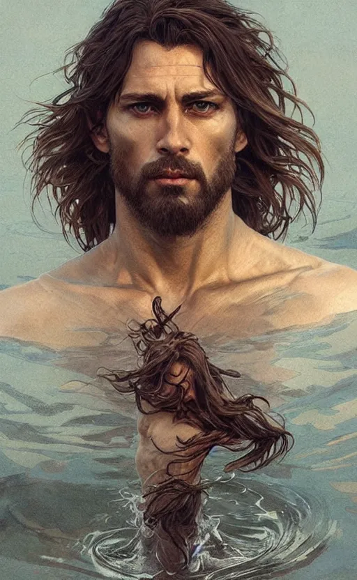 Prompt: the god of the lake, 30 years old, rugged, long hair, male, gorgeous, detailed face, amazing, thighs!!!!!!, muscular, intricate, highly detailed, digital painting, artstation, concept art, sharp focus, illustration, art by greg rutkowski and alphonse mucha