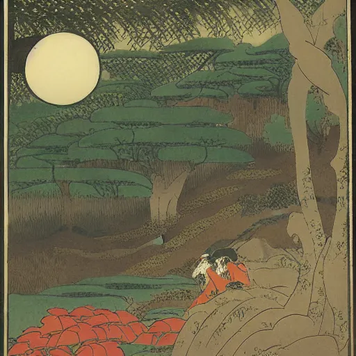 Image similar to A beautiful photograph of a serene and picturesque forest scene. The leaves are all different shades of green, and the sunlight is shining through the trees. There is a small stream running through the forest, and the whole scene is surrounded by mountains. lawn green, ensō by Utagawa Kuniyoshi, by Jean Fouquet