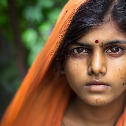 Image similar to the round shaped face of a lightly tanned, young indian woman is looking directly at the camera. She has short auburn fringed hair, small nose, full lips, dark green eyes, freckles. Portrait photography in the style of Steve Mccurry, 8K HD.