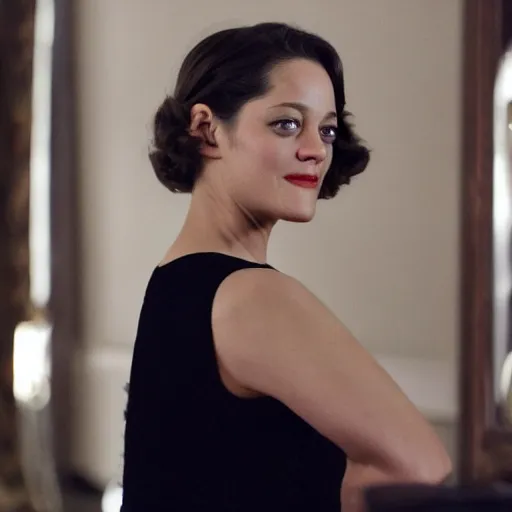 Image similar to Marion Cotillard wearing an elegant black dress in a James Bond movie, 4k Bluray screenshot