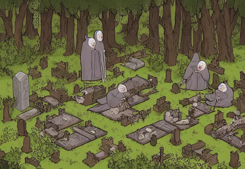 Prompt: possums dressed like monks at a medieval cemetery in the middle of the forest at night, highly detailed, photorealistic, isometric, digital art