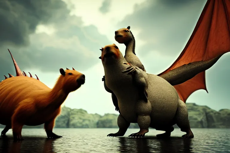 Prompt: two animals : a little capybara and a huge dragon, hyperrealistic, many details, high quality, 8 k