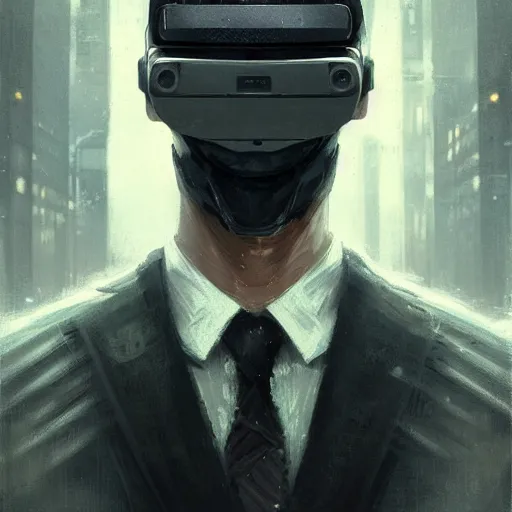 Prompt: Portrait of a man by Greg Rutkowski, symmetrical face, an young man with a VR Heaset covering his eyes, Kubric Stare, cold, twisted and sinister smile, highly detailed portrait, scifi, digital painting, artstation, book cover, cyberpunk, concept art, smooth, sharp foccus ilustration, Artstation HQ