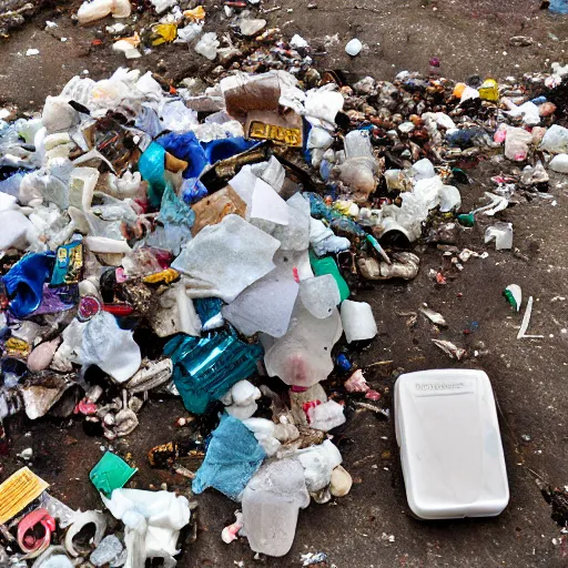 Prompt: lumpy dirty styrofoam garbage dump next to a broken mannequin, sigarette buds, wet newspaper, magazines, dirty water puddle, 8k