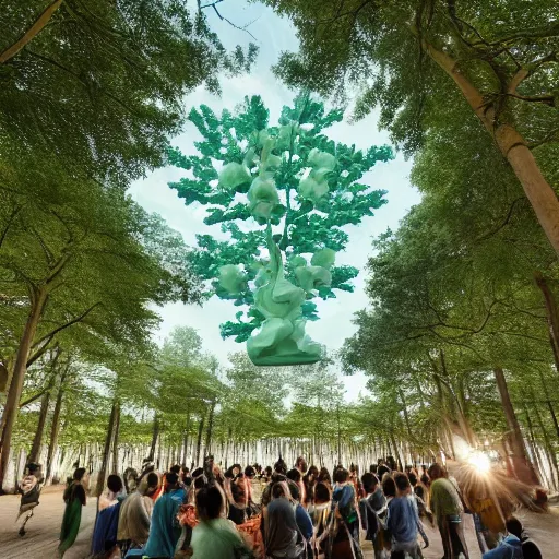 Image similar to composed celadon by hayao miyazaki, by jacob hashimoto. sculpture. a group of people gathered around a large tree in a forest. the tree is surrounded by a bright light, & the people appear to be looking up at it in wonder.