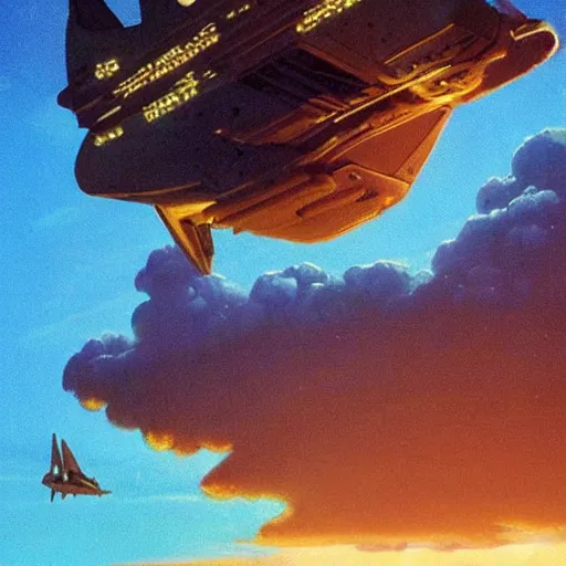 Image similar to beautiful matte painting of golden shores of a blue dreamy ocean, heavenly island in the clouds floating above the ocean, spaceship flying by, sci - fi, daylight, blue sky, cinematic lighting, cinematic perspective, syd mead, john harris, federico pelat