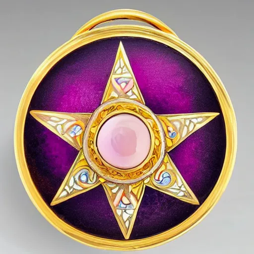 Prompt: a photo of the lid of a circular, basse-taille pink enamel over guilloché vintage powder compact with an inlaid gold pentagram that has a different colored gem stone at each point and a large, round cabochon in the middle encircled by a gold crescent moon inlay. Tiffany & Co.