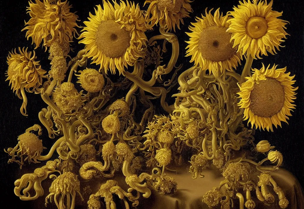 Prompt: dutch golden age bizarre sunflower portrait made from flower floral still life with many perceptive eyes very detailed fungus disturbing fractal forms sprouting up everywhere by rachel ruysch black background chiaroscuro dramatic lighting perfect composition high definition 8 k 1 0 8 0 p oil painting with black background by christian rex van dali todd schorr of a chiaroscuro portrait recursive masterpiece