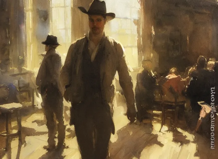 Image similar to oil watercolor painting of young guy in western bar, mysterious light, art by anders zorn, wonderful masterpiece by greg rutkowski, beautiful cinematic light, american romanticism by greg manchess, creation by tyler edlin