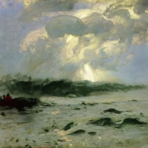 Image similar to storm on the volga, oil on canvas, ilya repin, 1 8 7 3