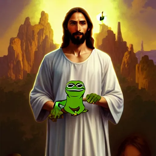 Prompt: jesus holds a pepe frog character, highly detailed, digital painting, artstation, concept art, wallpaper, smooth, sharp focus, illustration, art by and artgerm and greg rutkowski and alphonse mucha