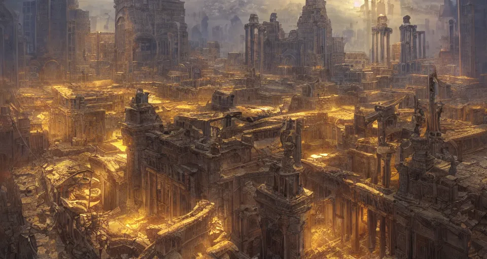 Prompt: drone shot ancient city of atlantis with big buildings in gold, fantasy, magical, cinematic, establishing shot, atmospheric lighting, extremely detailed, intricate, sharp focus, coherent, art style of marc simonetti, bowater charlie and brom gerald